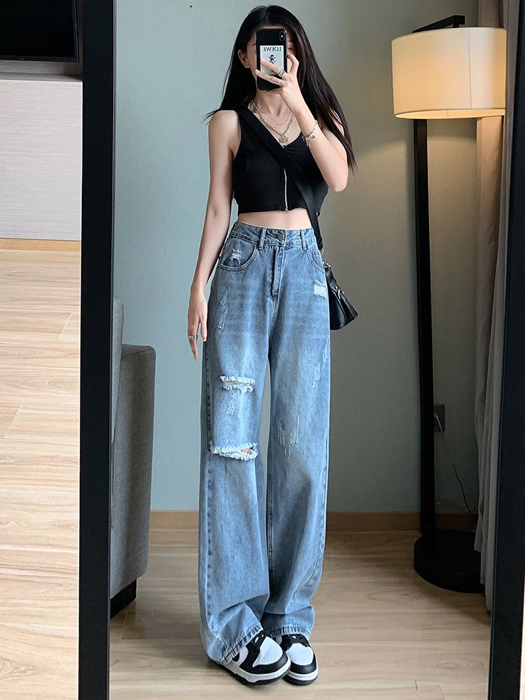 YSYOURS辣妹破洞牛仔褲女夏季薄款高腰顯瘦大碼直筒垂感闊腿長褲