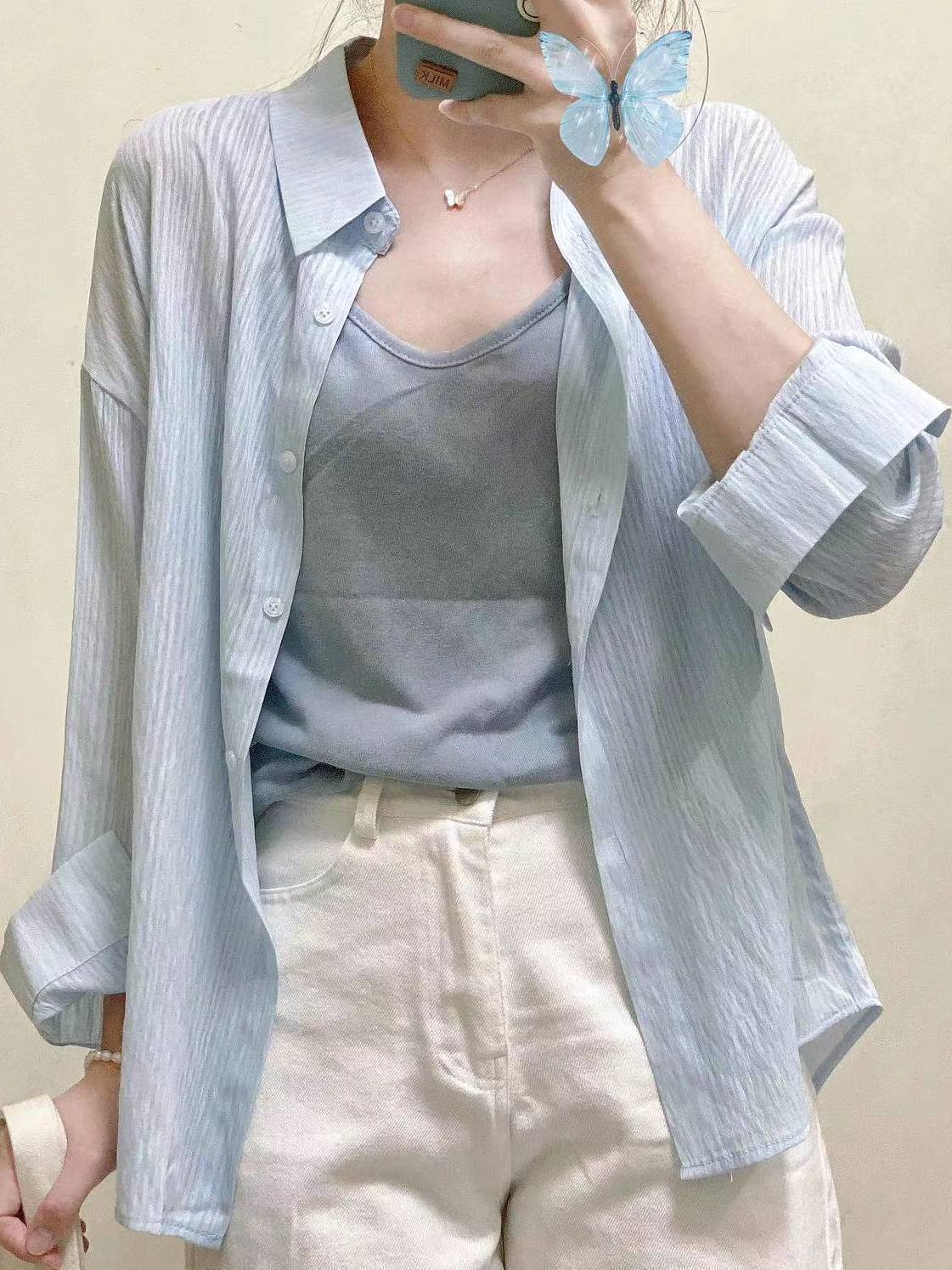 超仙藍色防曬襯衫女高級感氣質ins中長款襯衣開衫潮外穿寬鬆上衣