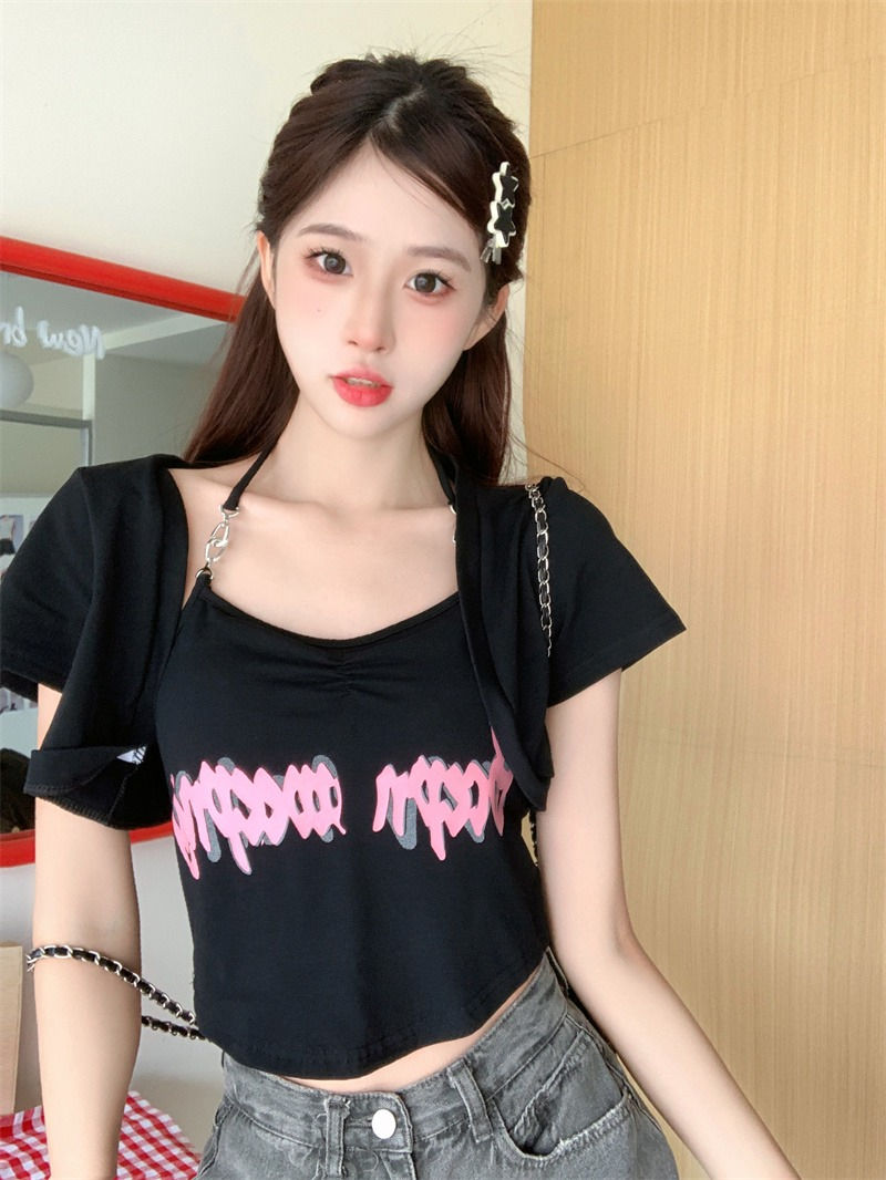辣妹罩衫吊帶兩件套裝女夏季修身顯瘦純欲設計感別致炸街短款上衣