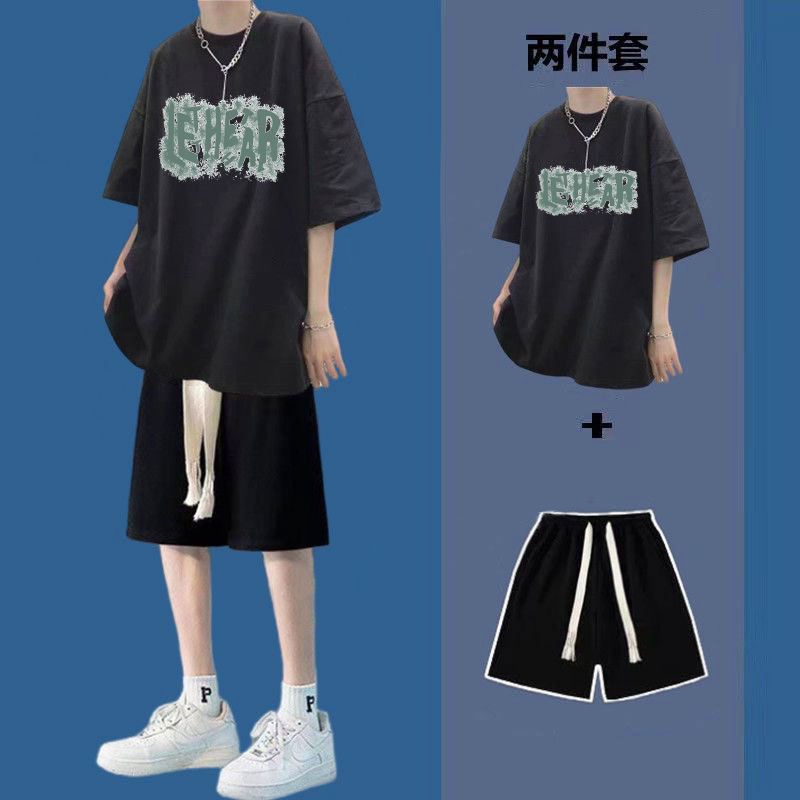 Short-sleeved t-shirt suit men's summer trend ins shorts loose men's clothing set with ruffian handsome fried street 1/2 piece set