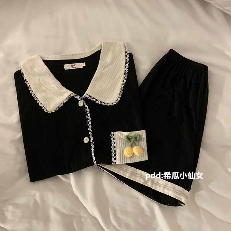 ins韓系櫻桃睡衣女夏季新款短袖薄款甜美花邊學生夏天家居服套裝