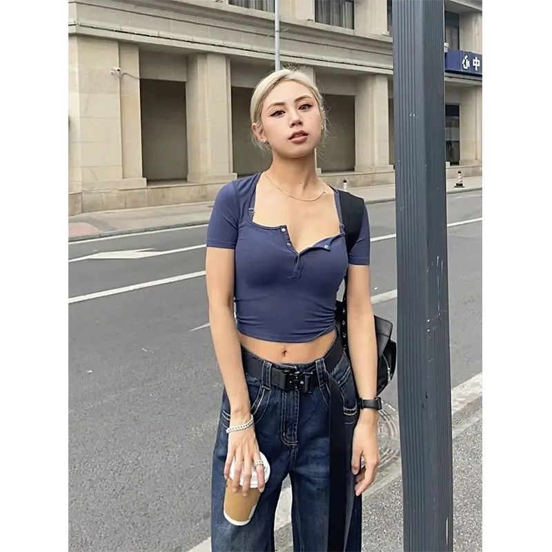 American tight-fitting hot girl high waist crop top ins2023 summer new sexy short-sleeved knitted T-shirt female
