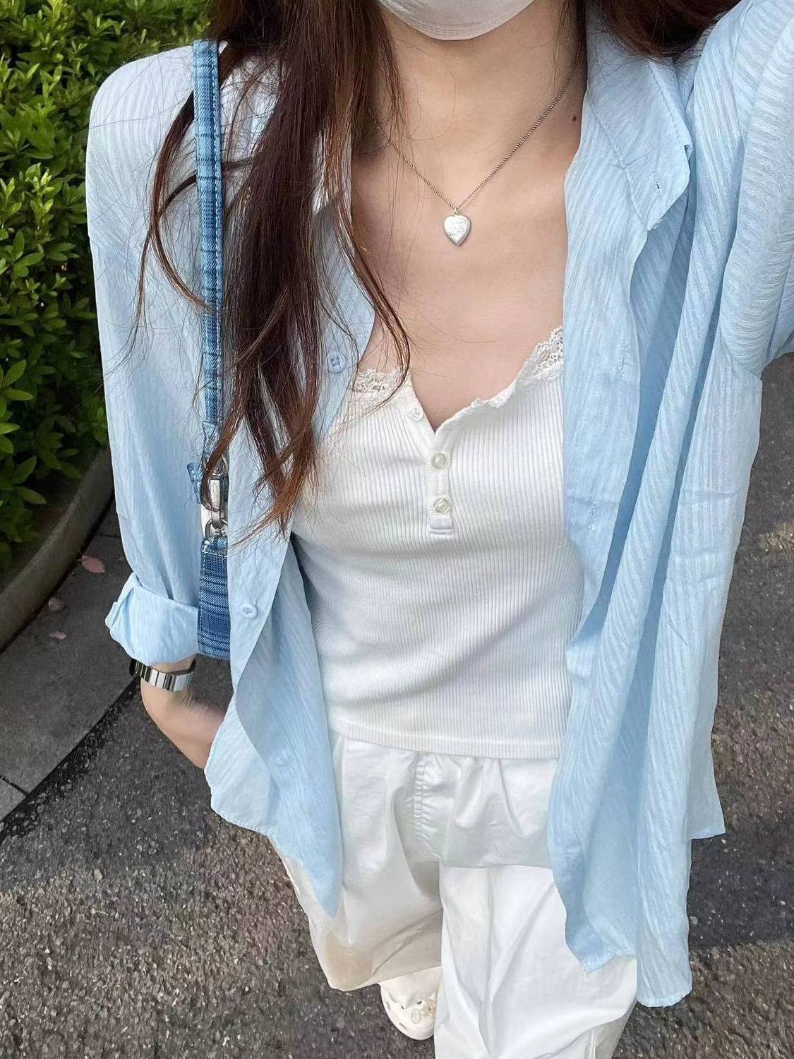 薄款防曬衣日系超仙ins藍色雪紡襯衫女寬鬆百搭襯衣開衫休閒上衣