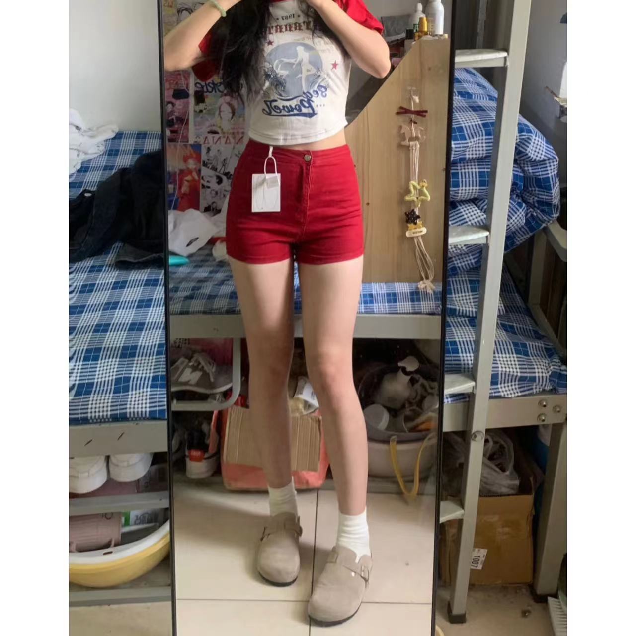紅色牛仔短褲女水洗彈力包臀顯腿長直筒熱褲夏季顯瘦百搭辣妹小眾