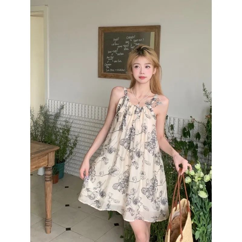 kumikumi new Chinese style national style ink printing sleeveless suspender dress female summer loose thin short skirt