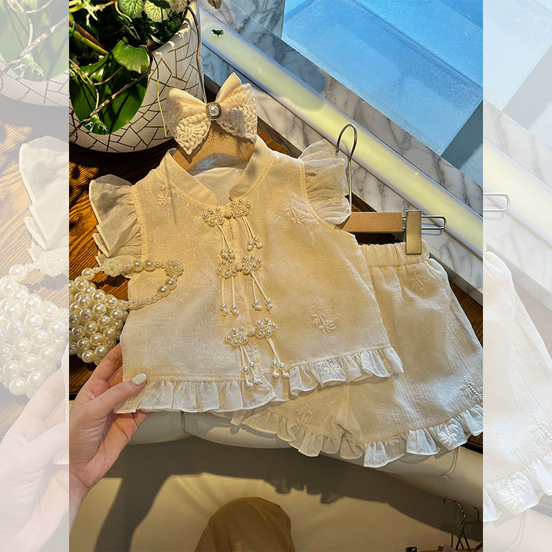 Little Mumu Girls National Style Summer Suit 2023 New Children's Western Style Two-piece Set Baby Girl Internet Celebrity