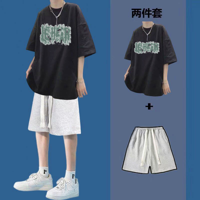 Short-sleeved t-shirt suit men's summer trend ins shorts loose men's clothing set with ruffian handsome fried street 1/2 piece set