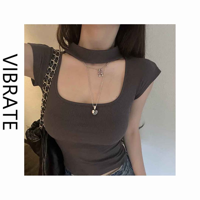 VIBRATE [Summer Dopamine] Digging collar small flying sleeves short-sleeved women's 2023 new slim T-shirt top