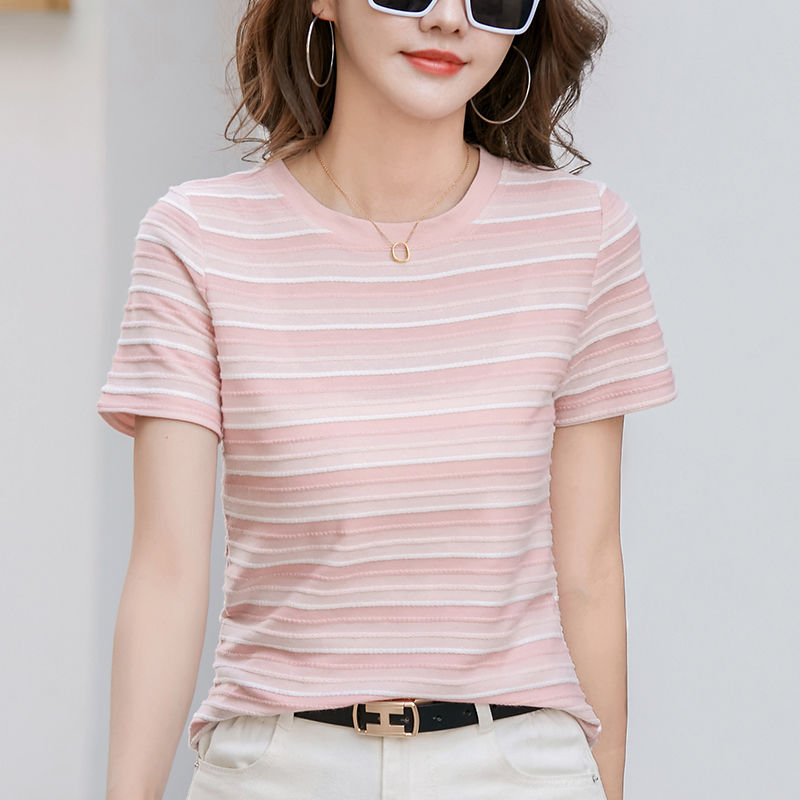 條紋正肩短袖t恤女夏季2023新款時尚洋氣設計感小眾顯瘦上衣半袖