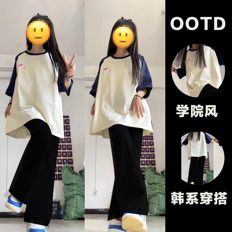 2023爆款夏季插肩短袖套裝女學生甜美T恤+休閒闊腿褲網紅一整套潮