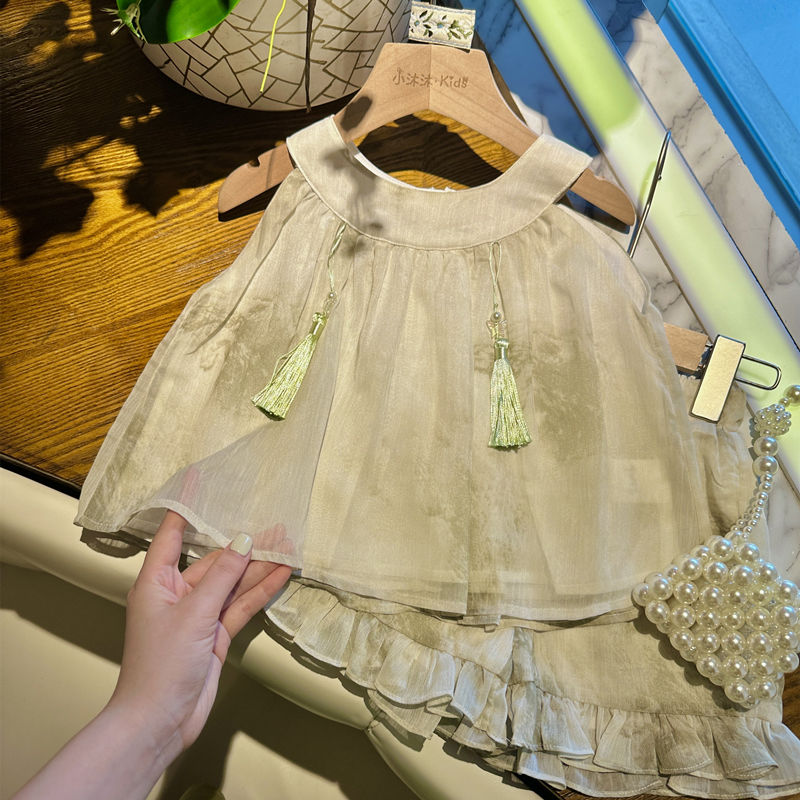 Little Mumu Girls Ancient Style Summer Suit 2023 New Children's Style Two-piece Set Baby Girl Shorts Vest