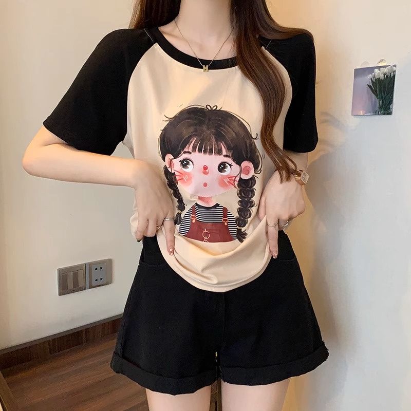 Dopamine wear large size t-shirt female students fashion raglan short-sleeved foreign style slightly fat mm top clothes women's summer clothes