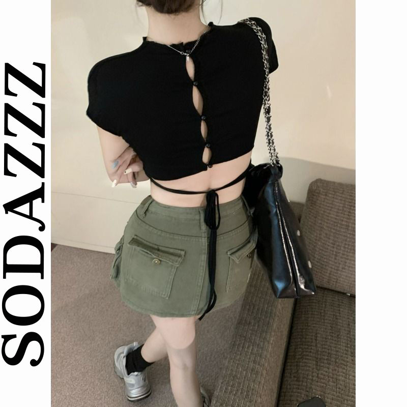 SODAZZZ hollow lace t-shirt women's new summer design black short slim slim short-sleeved top trendy