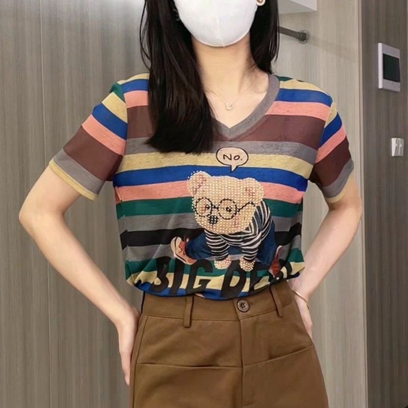 European goods large size loose and thin bear short-sleeved T-shirt women's 2023 summer new rainbow stripe hit color top trend