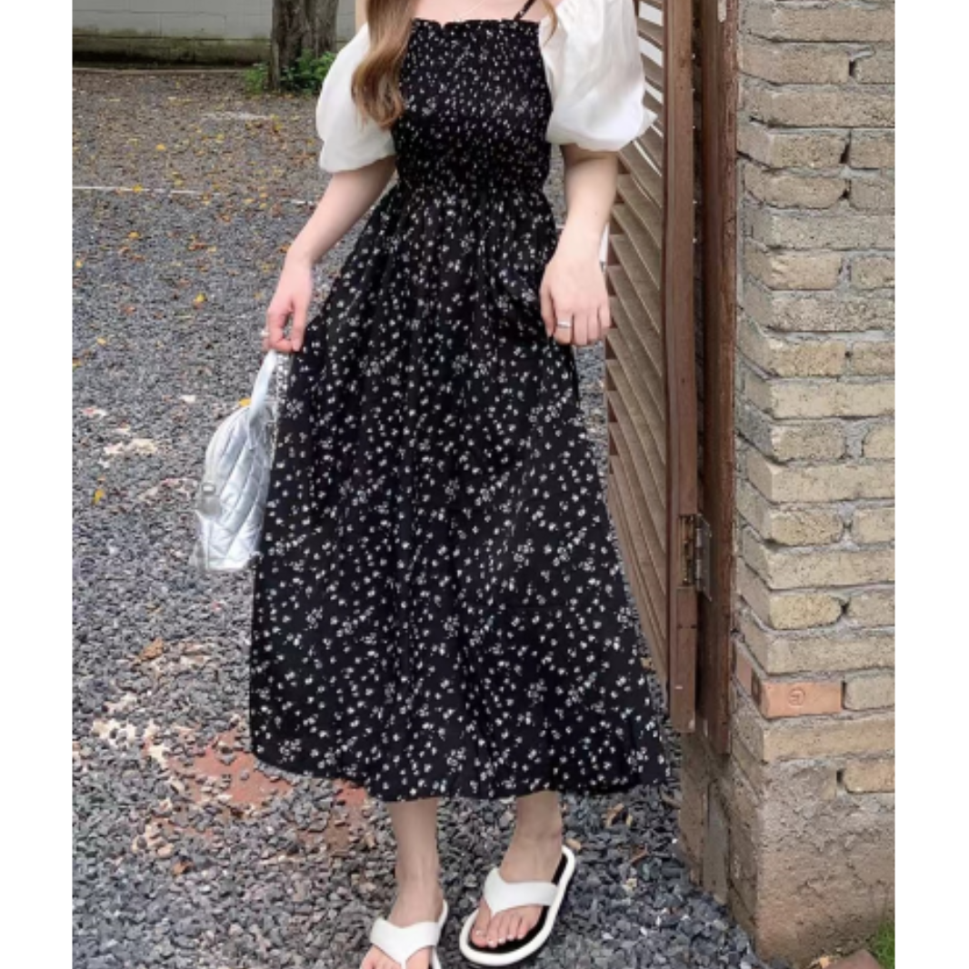 French puff sleeve dress women's clothing 2023 summer new waistline thin A-line skirt temperament mid-length skirt