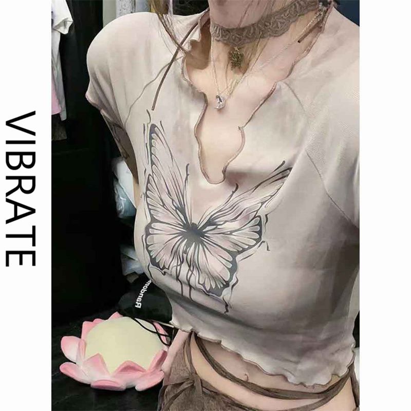 VIBRATE甜辣風氛圍感短上衣小心機設計蝴蝶暈染印花彈力針織T恤