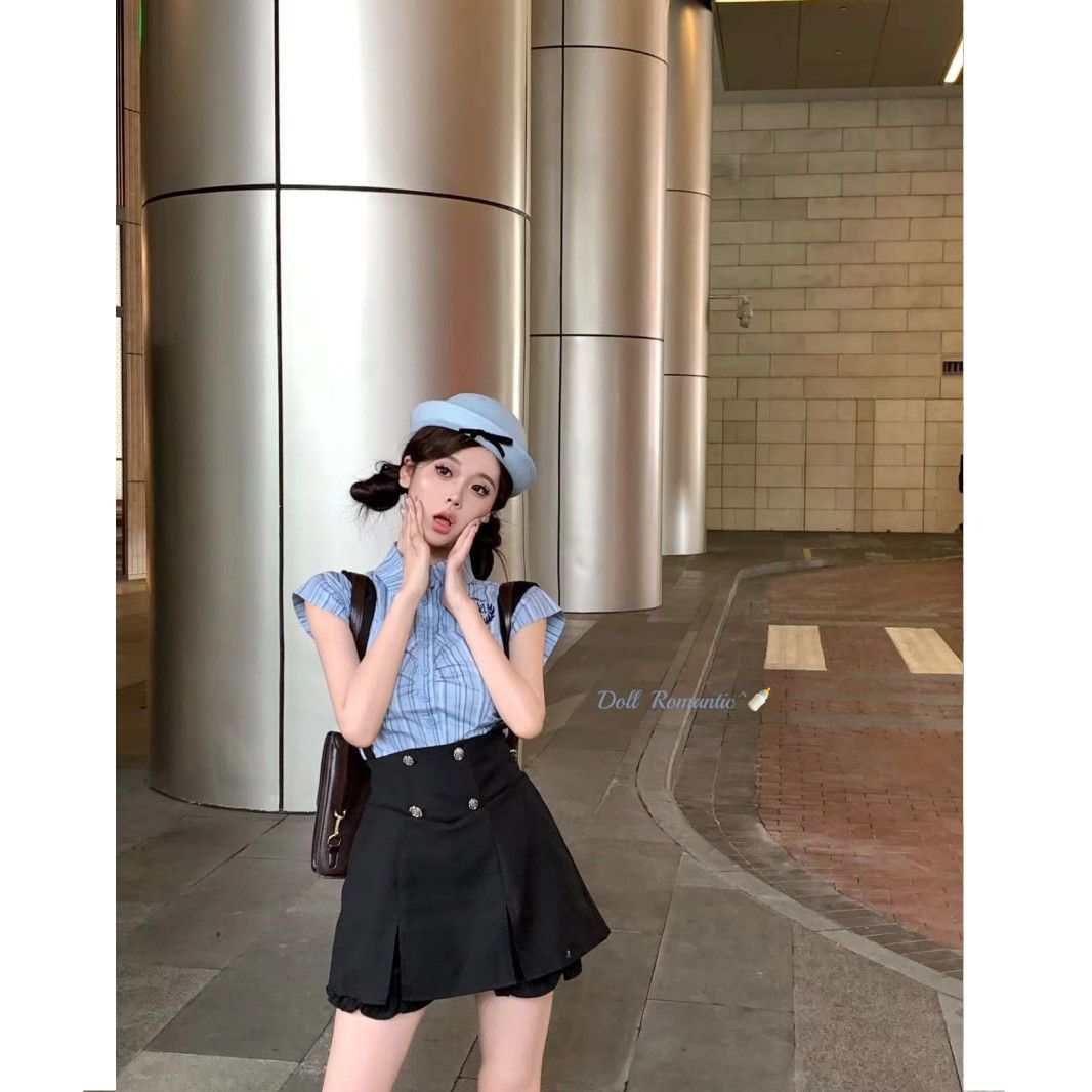學院風個性藍色條紋短袖翻領襯衫女夏季寬鬆短款上衣單/兩件套裝