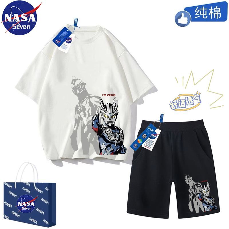 NASA聯名賽羅奧特曼童裝套裝夏季純棉T恤男童卡通短袖短褲兩件套