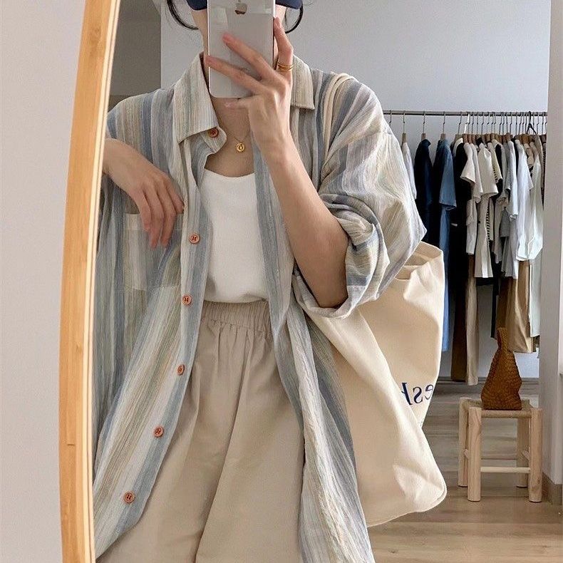 格瑞吉奧條紋港風長袖襯衫女防曬外套夏設計感復古小眾薄款襯衣潮