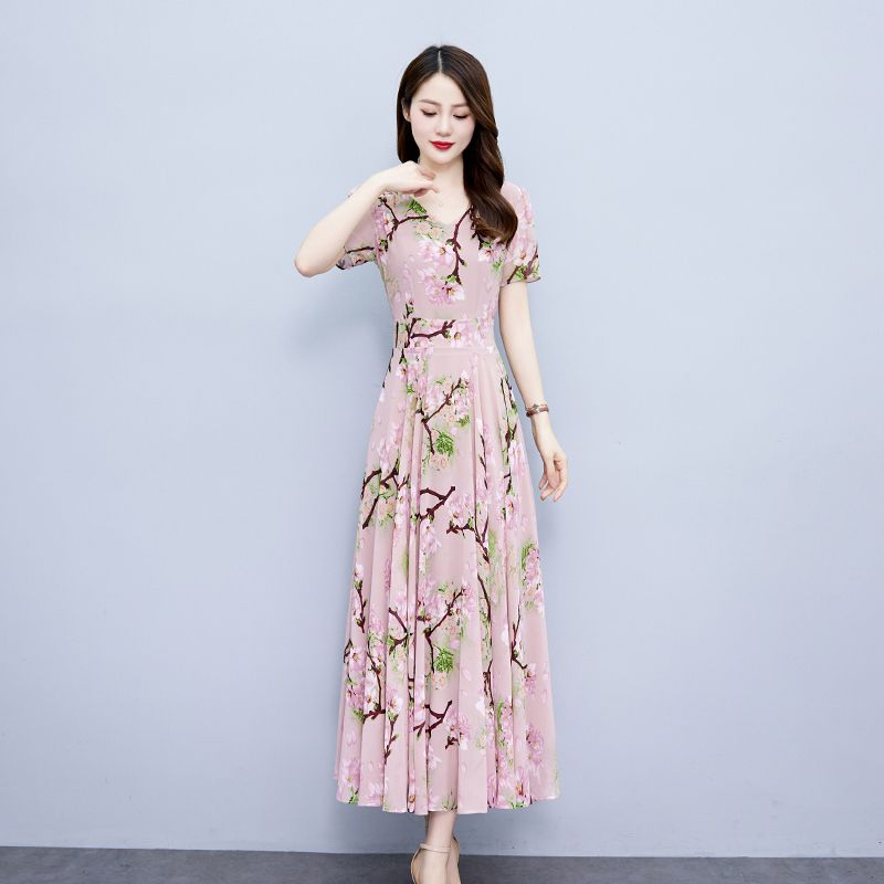 高檔連衣裙女2023新款夏季時尚洋氣雪紡印花遮肚子夏天碎花長裙子