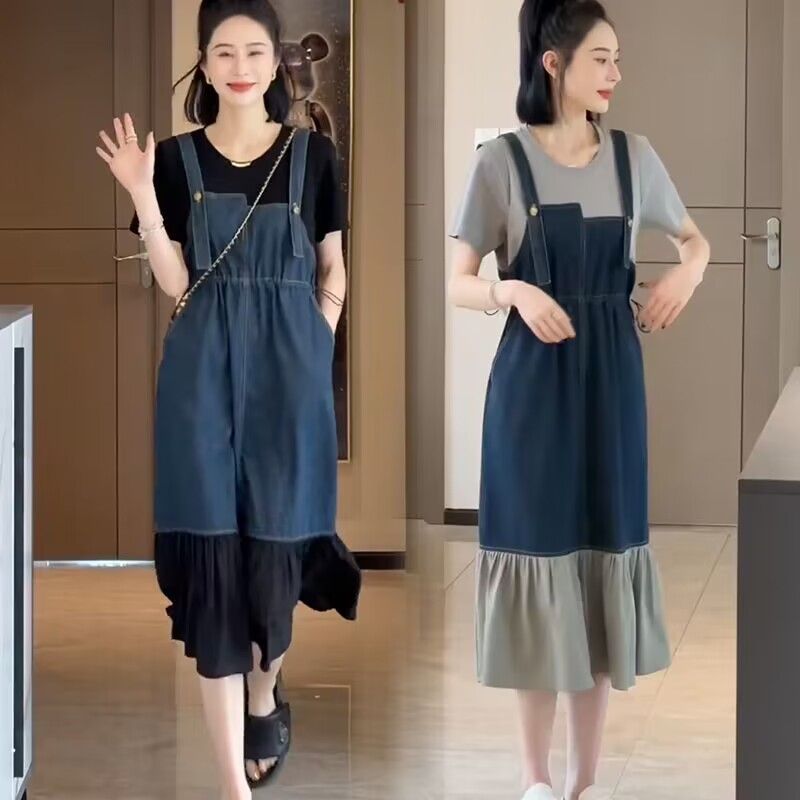 藍海奕諾撞色拼接假兩件連衣裙女2023夏季休閒收腰顯瘦牛仔中長裙