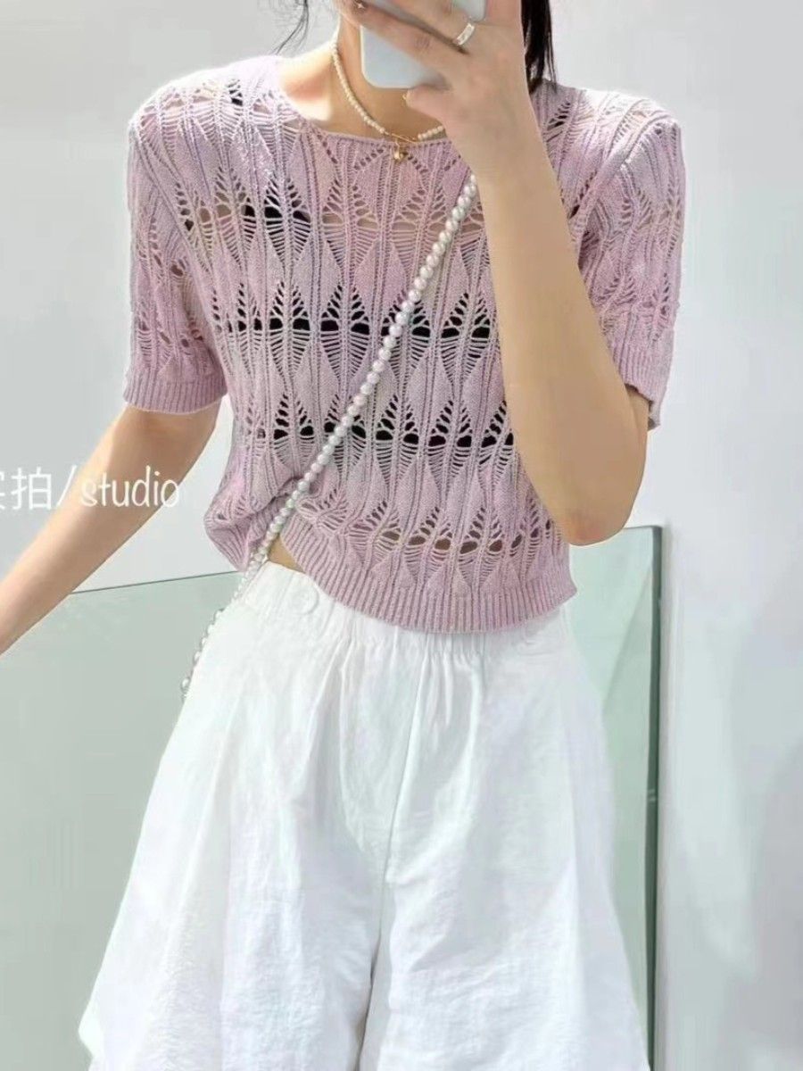 Hollow ice silk knitted sweater women's summer new thin section short-sleeved blouse design sense niche short sunscreen shirt top