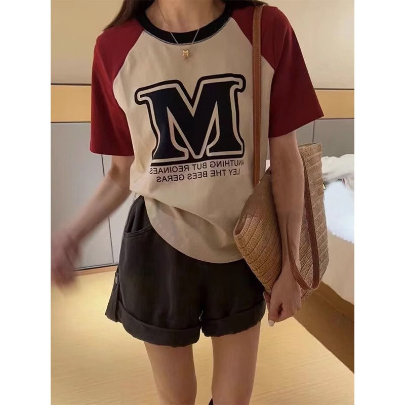  new large-size women's summer clothes, western style, shoulders, color matching, short-sleeved t-shirts, slightly fat mm slimming tops