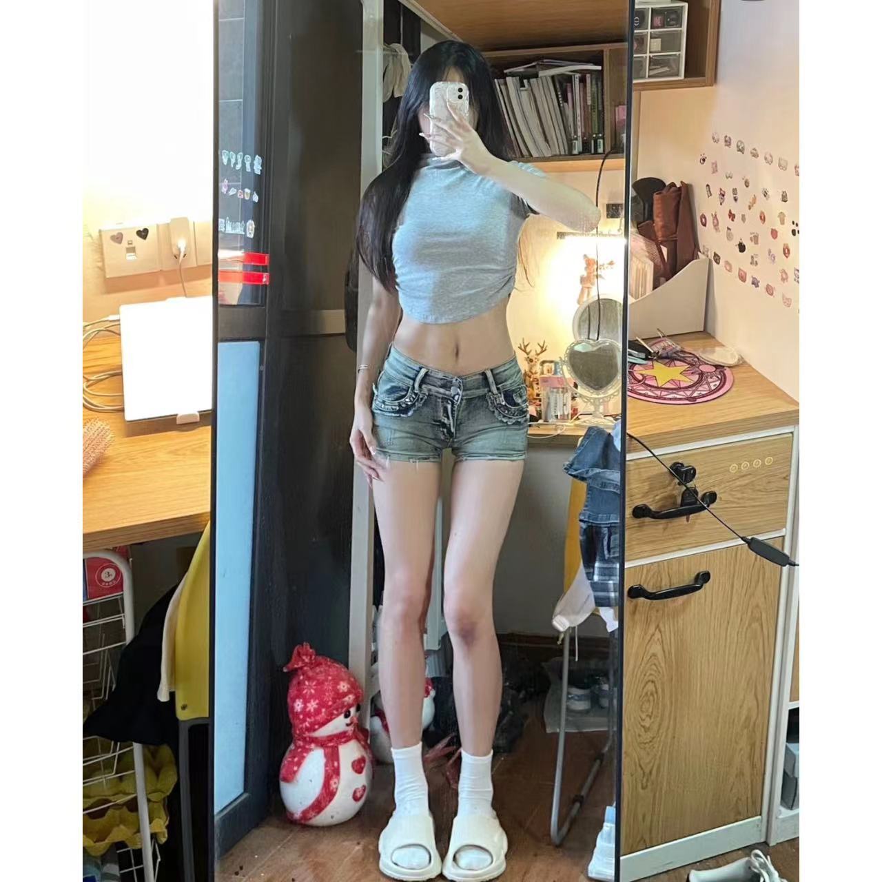 美式牛仔短褲女低腰顯瘦直筒百搭彈力熱褲水洗顯腿長百搭復古網紅