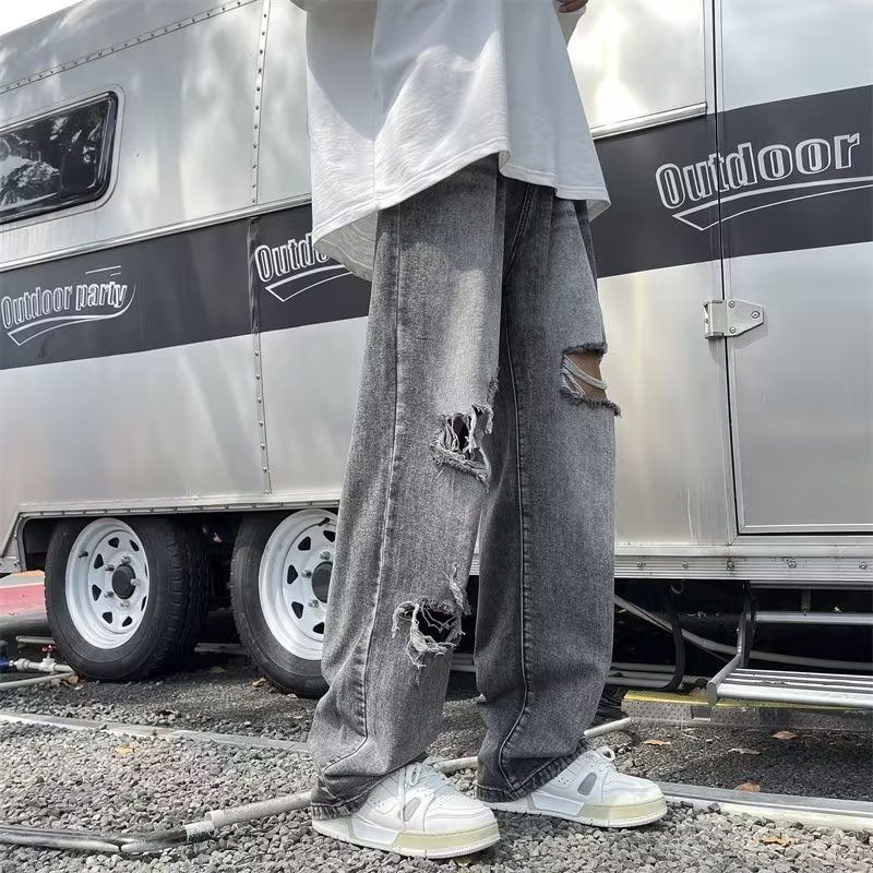 破洞牛仔褲男歐美vibe風痞帥直筒長褲春秋季美式高街ins復古褲子