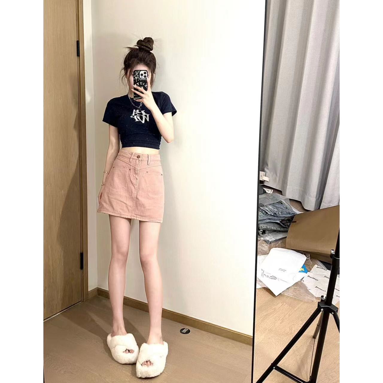 髒粉色牛仔短裙女水洗帶內襯辣妹夏季包臀顯腿長百搭潮流美式半裙