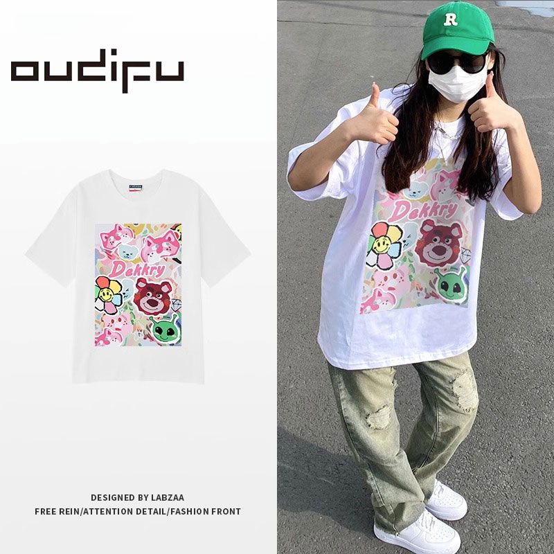 OUDIFU純棉短袖T恤女潮ins夏季2023多巴胺潮牌炸街240克上衣潮