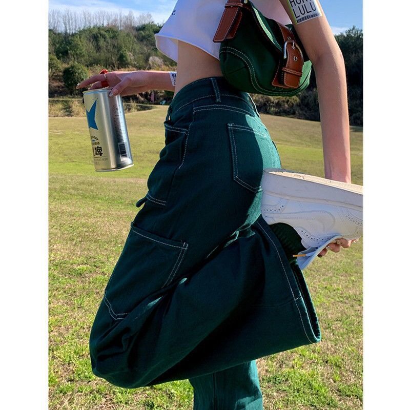 大碼胖妹妹牛仔褲女2023年春夏新款美式復古工裝闊腿褲高腰長褲子