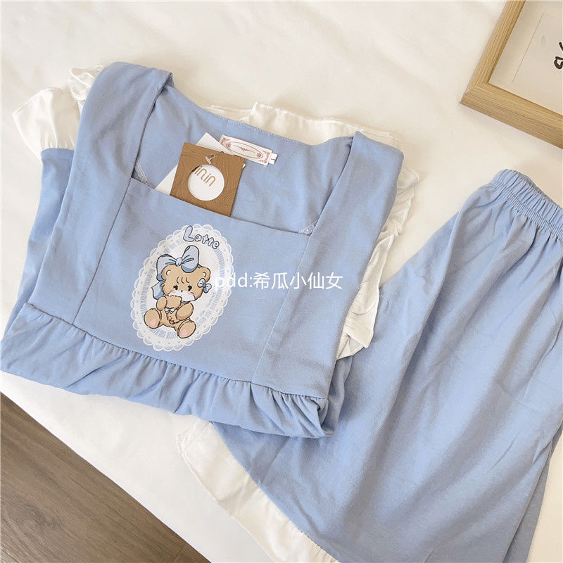 日系可愛小熊睡衣夏天女新款mikko卡通短袖荷葉邊學生家居服套裝