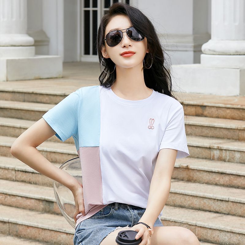純棉短袖t恤女2023夏季新款設計感拼接寬鬆顯瘦漂亮小衫上衣體恤