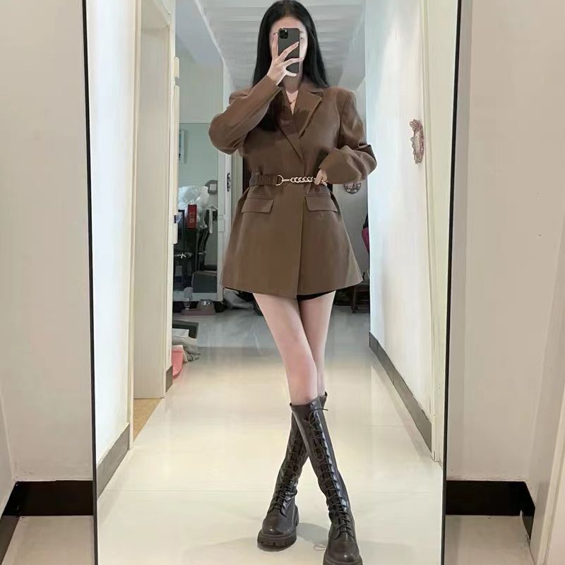 High-end coffee-colored blazer for women with petite temperament, casual Korean-style design and western-style suit tops
