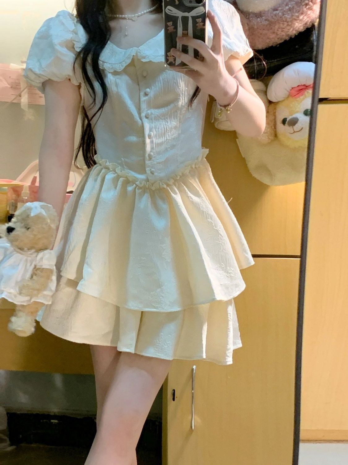 娃娃領連衣裙子女夏季2023新款泡泡袖公主蓬蓬裙茶歇法式收腰短裙