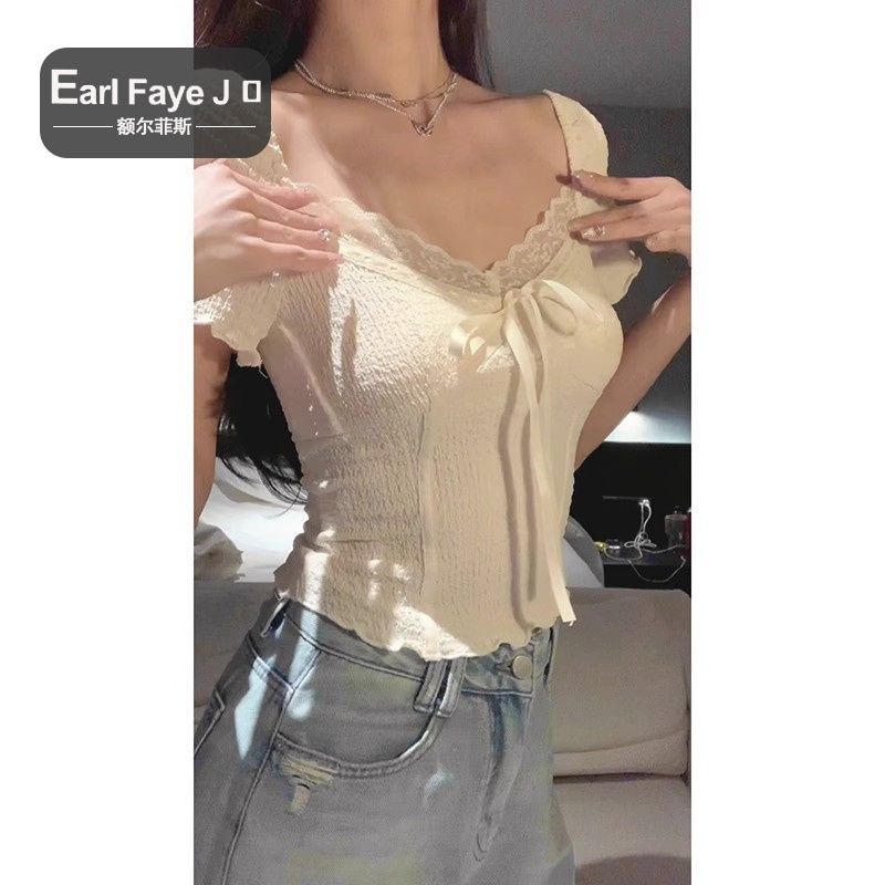 French apricot lace fishbone v-neck short-sleeved top women's summer self-cultivation slimming pure desire hot girl collarbone short t-shirt