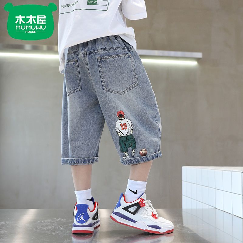 Boys summer denim shorts  new children's handsome jeans medium and large children's Korean style loose