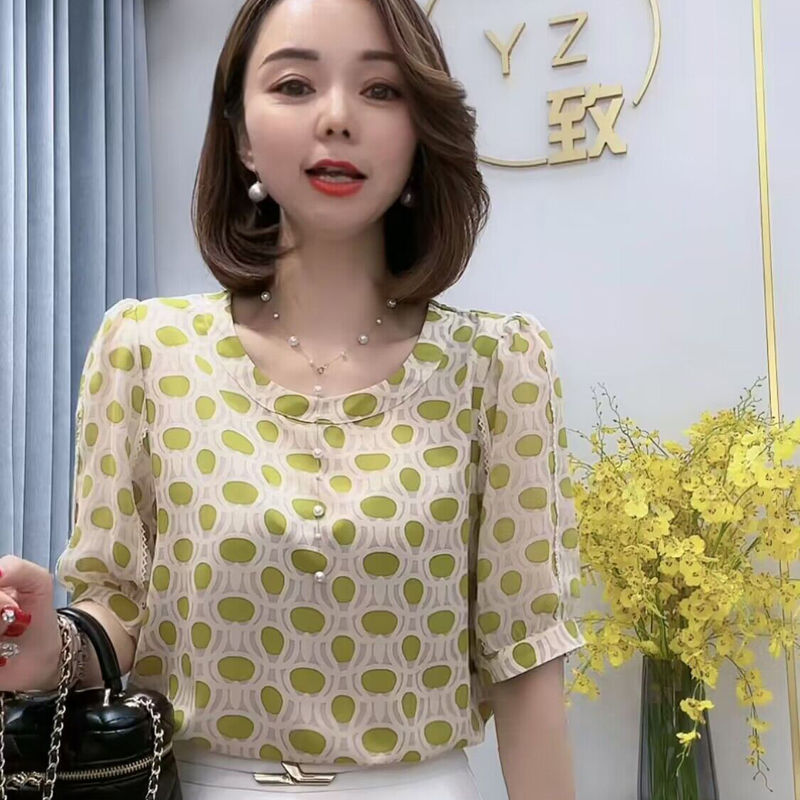 百搭蕾絲邊2023夏季新款雪紡衫女時尚氣質減齡寬鬆遮肚顯瘦上衣女