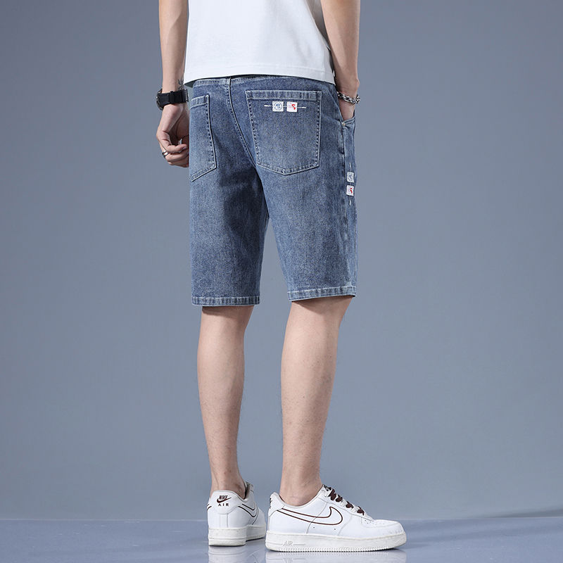  New Light Color Denim Shorts Men's Summer Thin Loose Straight Ice Silk Medium Pants Stretch Five-Point Breeches