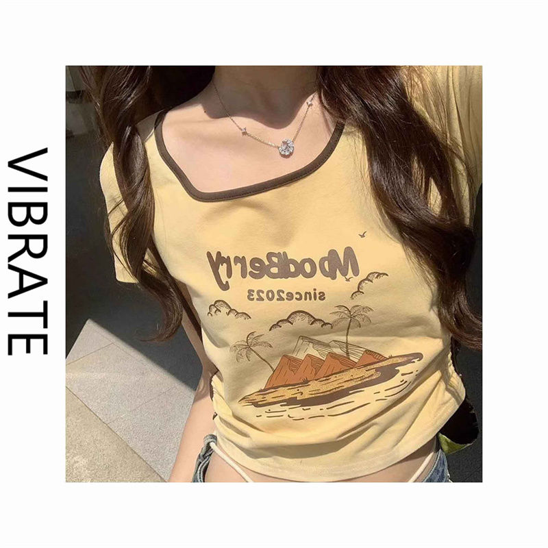 VIBRATE sweet and cool style American retro short shoulder T-shirt women's summer big U-neck waist hot girl short-sleeved top