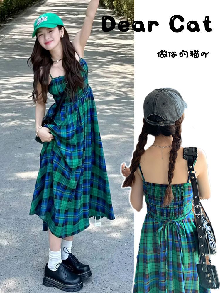 French suspender dress plaid niche design sense seaside holiday wind waist slim temperament long skirt female summer