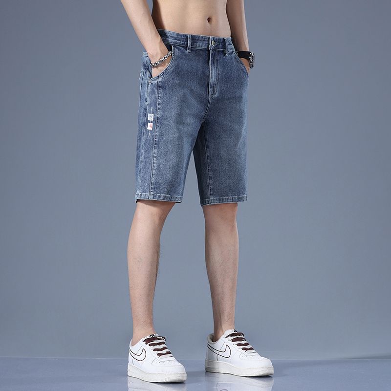  New Light Color Denim Shorts Men's Summer Thin Loose Straight Ice Silk Medium Pants Stretch Five-Point Breeches