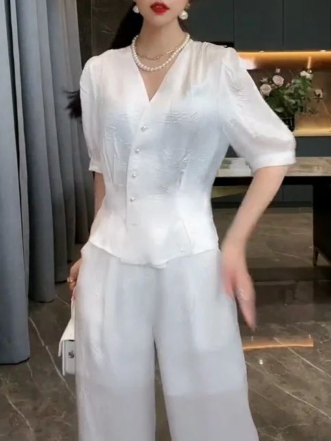 New Chinese style Chinese style waist design sense shirt tops all-match drape wide-leg pants suit 2023 summer new