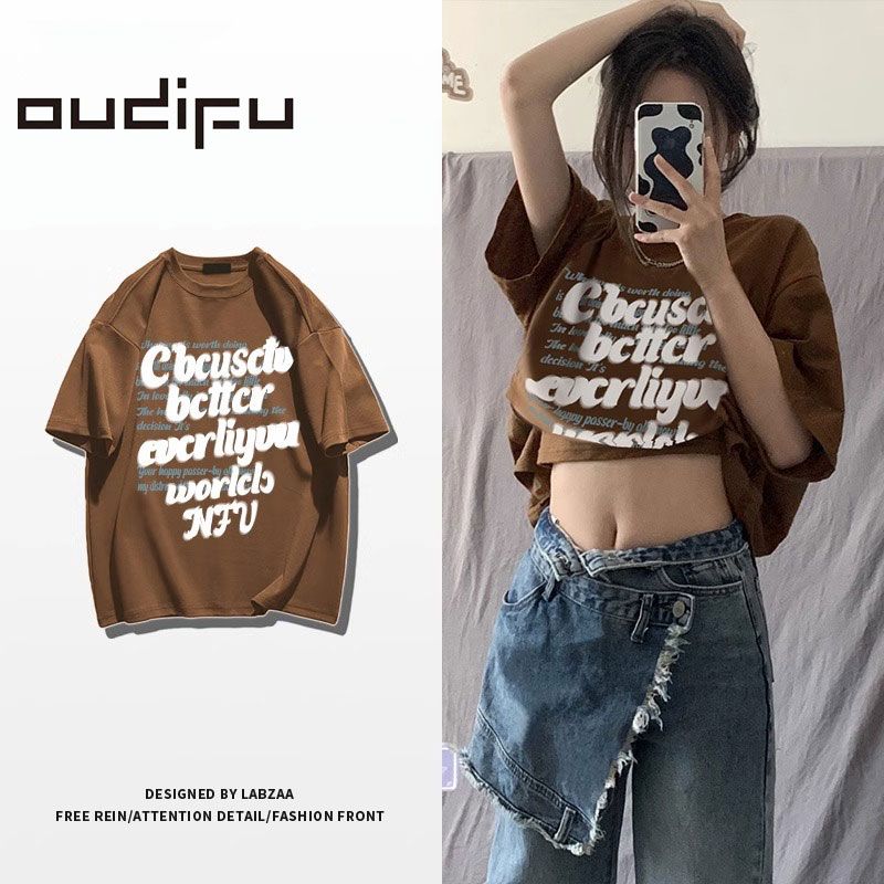 OUDIFU純棉100%短袖t恤女夏季2023新款韓版寬鬆多巴胺學生上衣潮