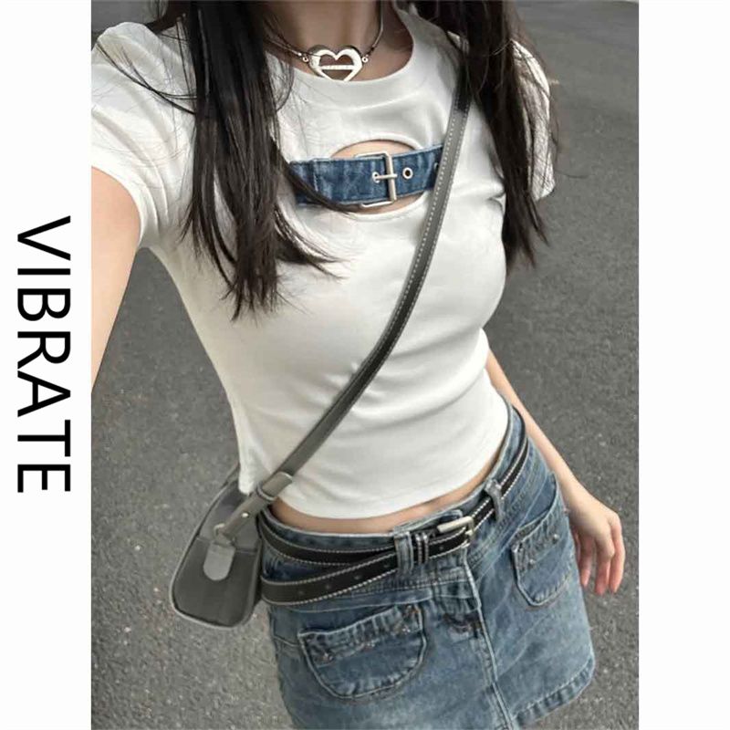 VIBRATE denim buckle short top, slim-fit inner design, niche French sweet and spicy short-sleeved t-shirt for women