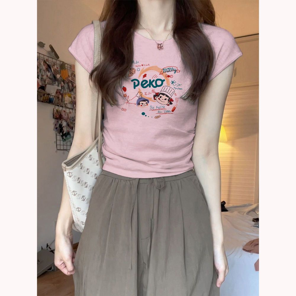 【正肩小飛袖】純欲風T恤女粉色印花百搭短款上衣時尚打底衫夏潮