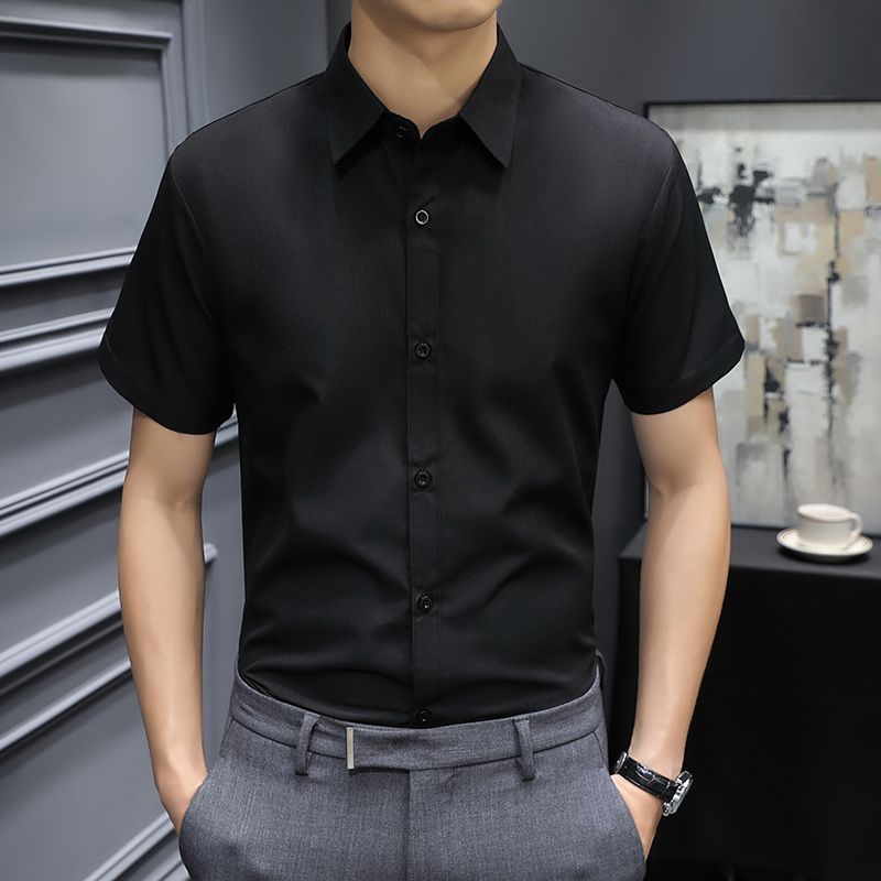 男士夏季纯色短袖衬衫新款免烫抗皱商务休闲修身黑色灰色寸衫