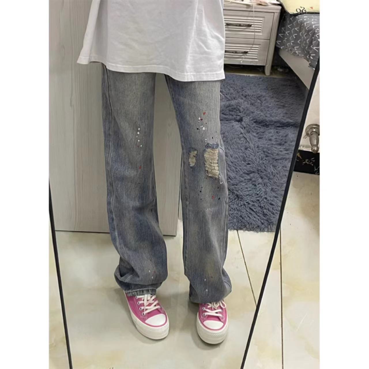 破洞牛仔褲女水洗潑墨百搭直筒拖地長褲春秋季辣妹新款高腰歐美風