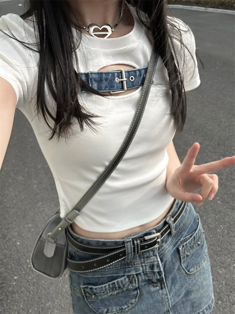 VIBRATE denim buckle short top, slim-fit inner design, niche French sweet and spicy short-sleeved t-shirt for women